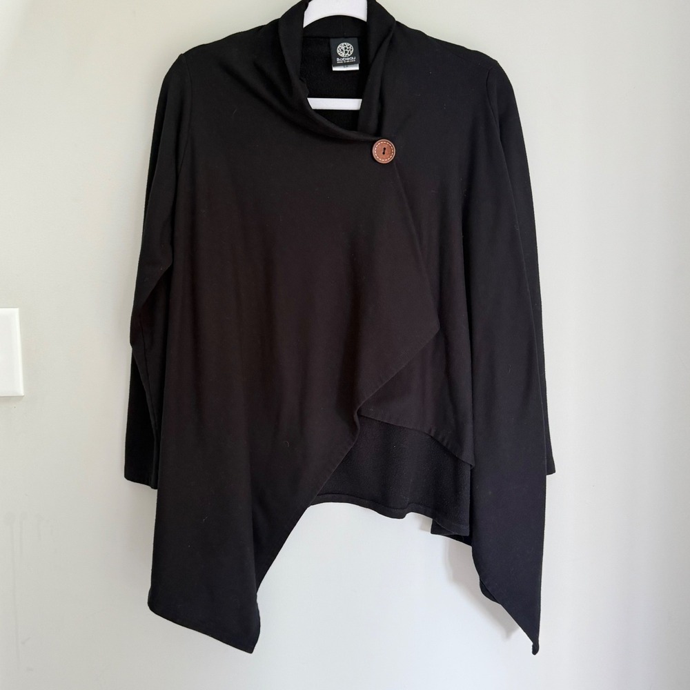 Bobeau Black Asymmetrical One Button Wrap Cardigan Fleece Lined Small S/P
